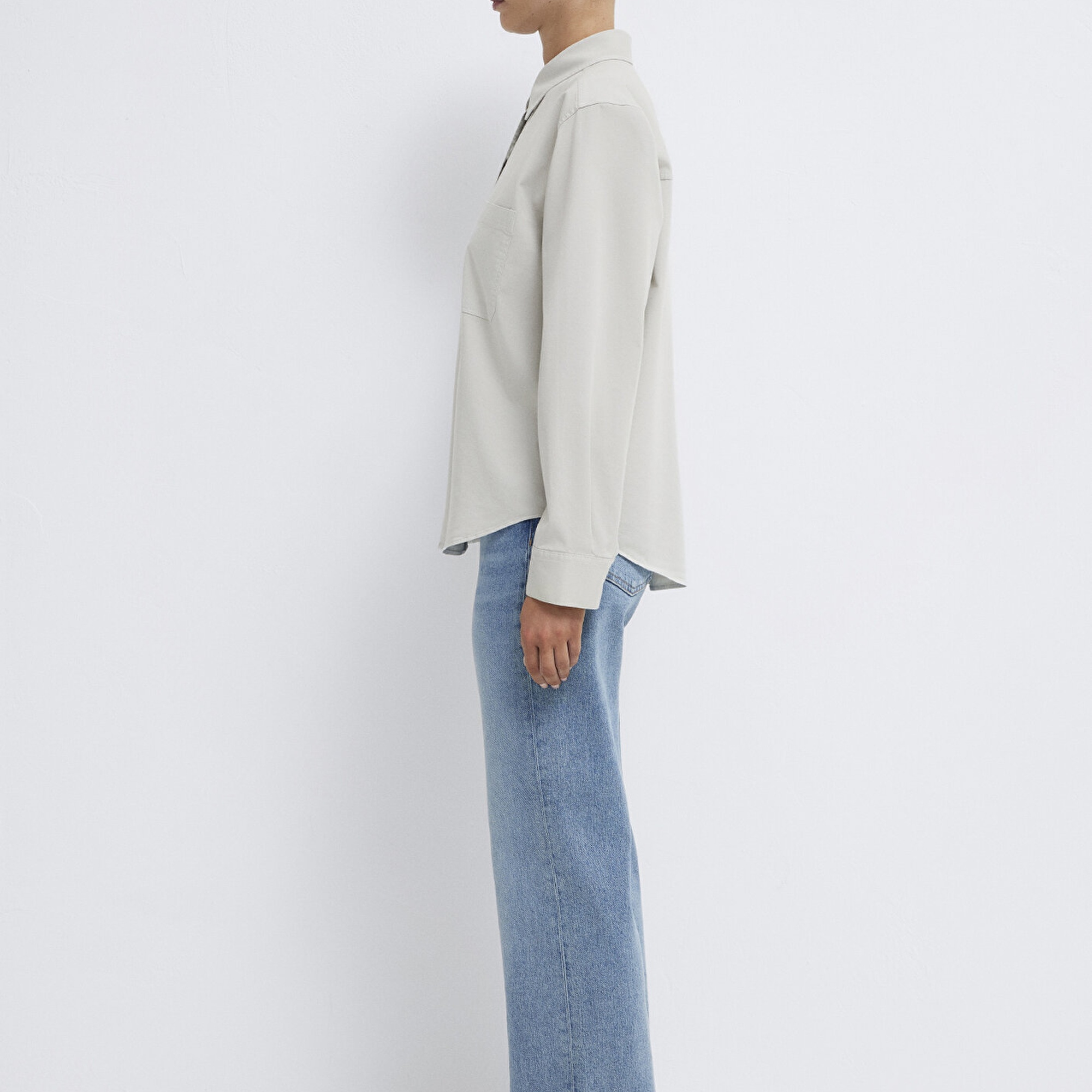 Mavi Cepli Gri Gömlek Loose Fit / Bol Rahat Kesim 1211385-80618