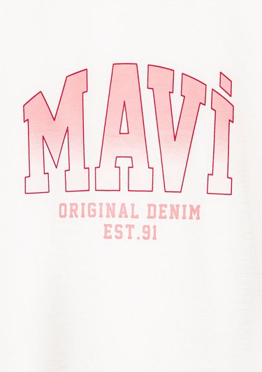  Mavi Mavi Logo Baskılı Ekru Tişört Loose Fit / Bol Rahat Kesim 7610386-70057