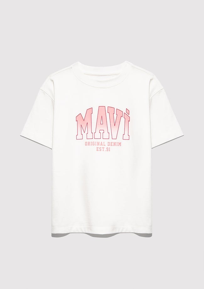  Mavi Mavi Logo Baskılı Ekru Tişört Loose Fit / Bol Rahat Kesim 7610386-70057
