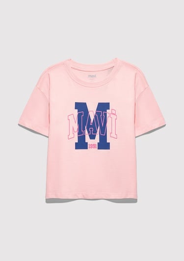  Mavi M Logo Baskılı Pembe Tişört Loose Fit / Bol Rahat Kesim 7610390-71007