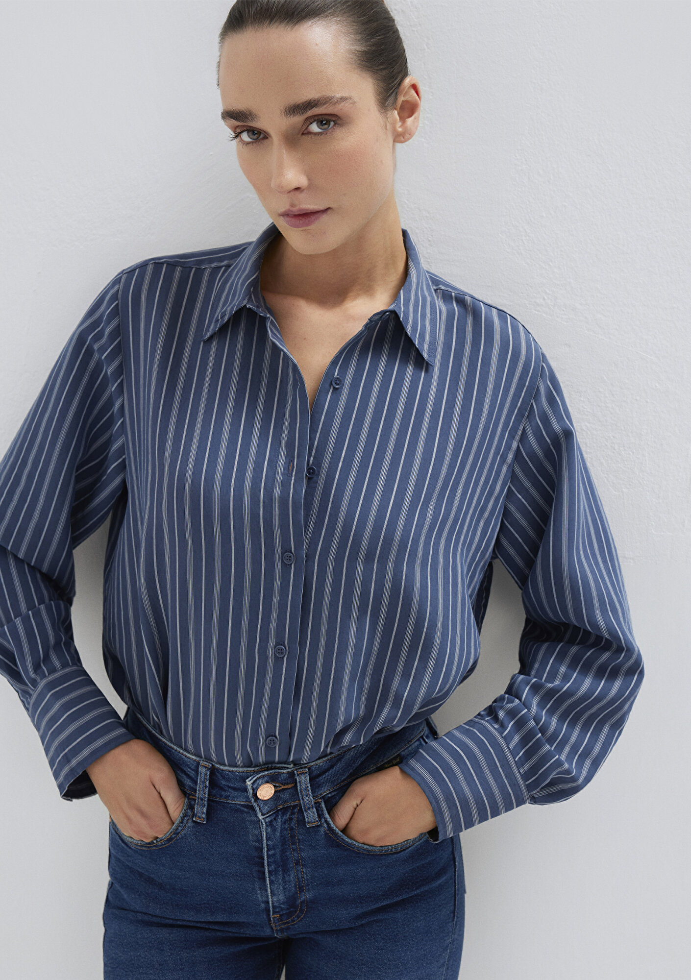  Mavi Çizgili (TENCEL™) Gömlek Loose Fit / Bol Rahat Kesim 1211373-91385