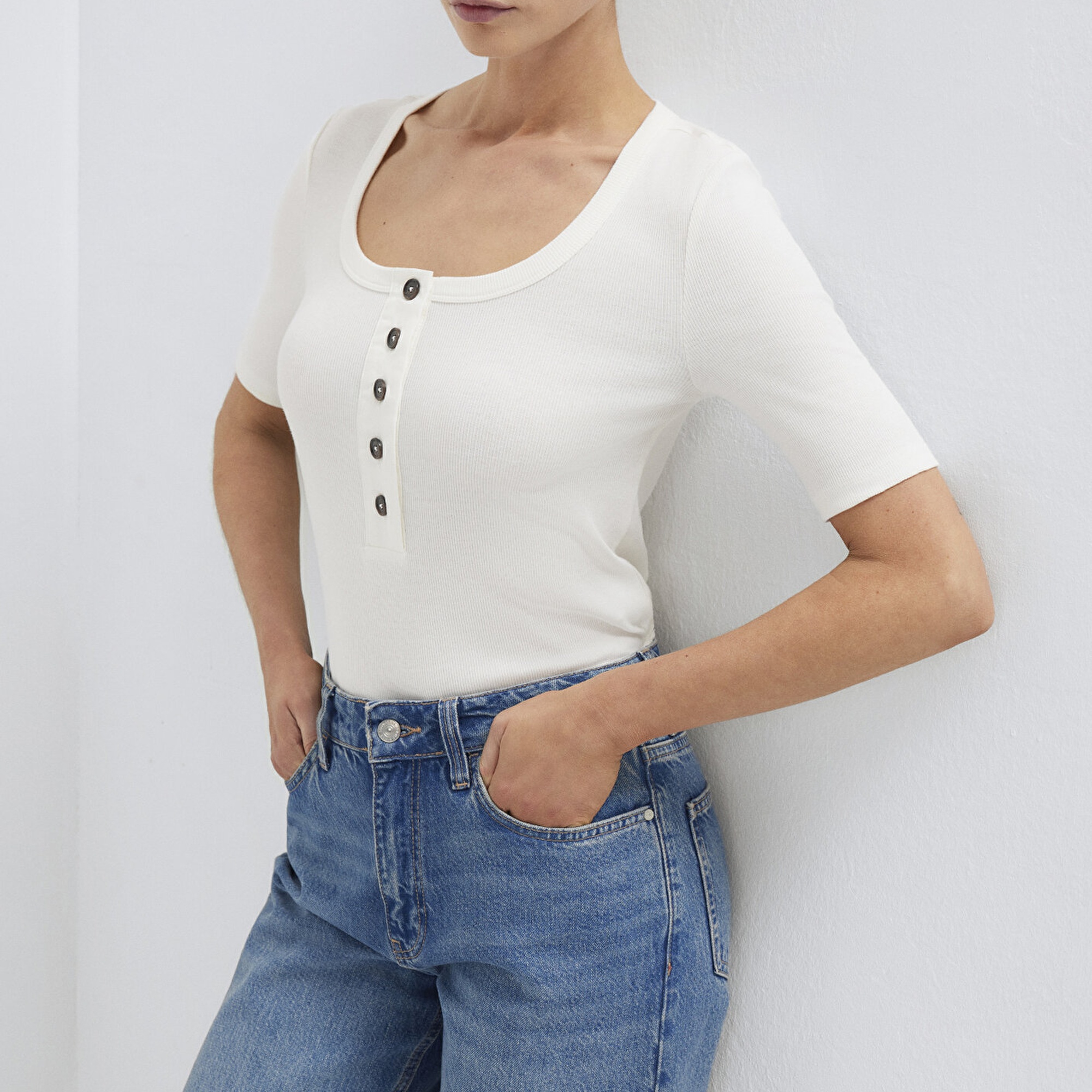 Mavi Ekru Tişört Fitted / Vücuda Oturan Kesim 1613751-80194