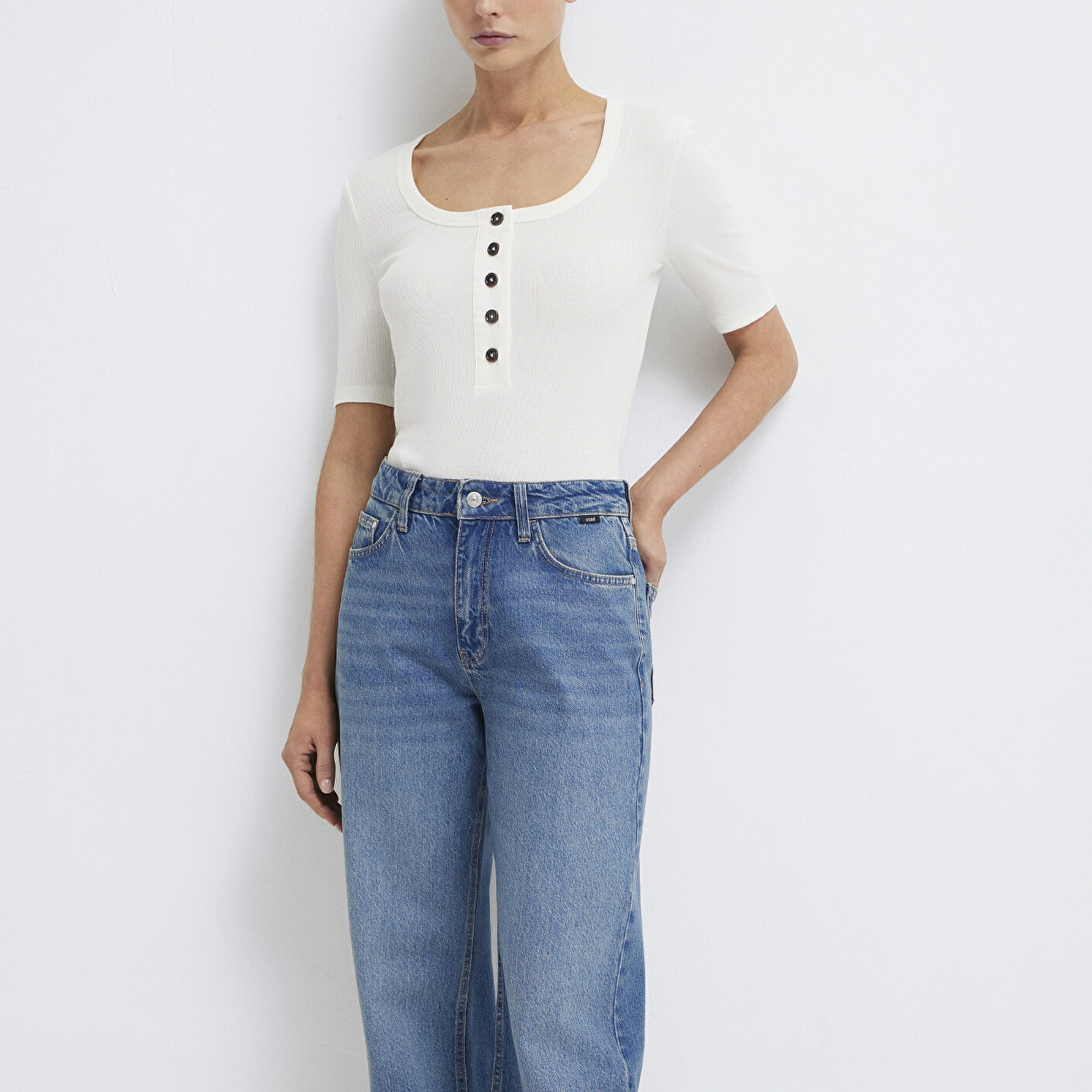 Mavi Ekru Tişört Fitted / Vücuda Oturan Kesim 1613751-80194