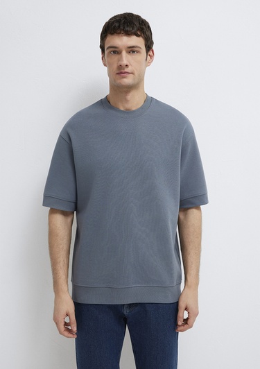  Mavi Bisiklet Yaka Mavi Tişört Loose Fit / Bol Rahat Kesim 0611614-80776