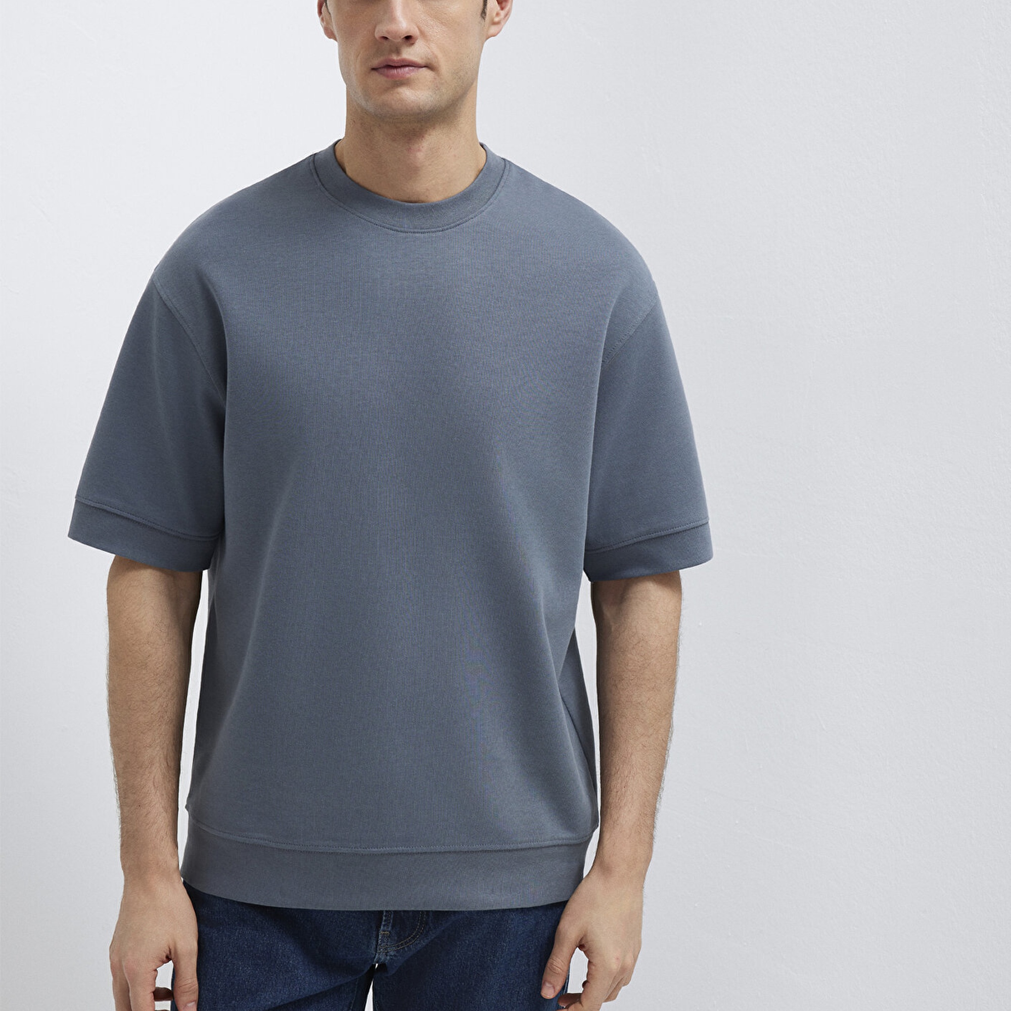 Mavi Bisiklet Yaka Mavi Tişört Loose Fit / Bol Rahat Kesim 0611614-80776