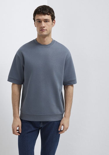  Mavi Bisiklet Yaka Mavi Tişört Loose Fit / Bol Rahat Kesim 0611614-80776