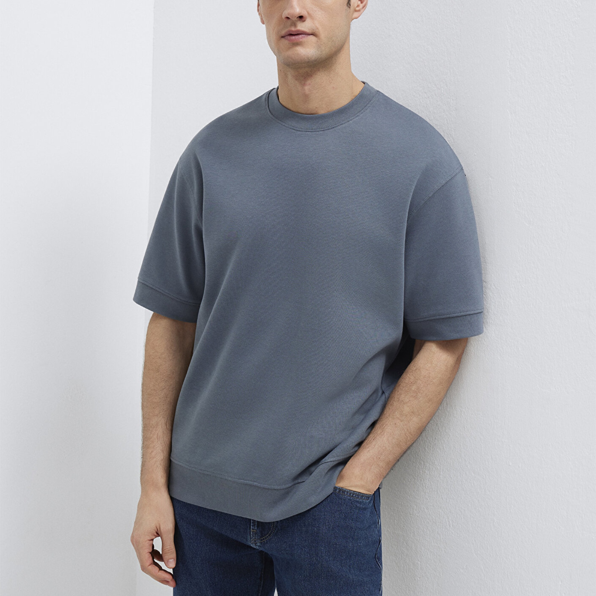 Mavi Bisiklet Yaka Mavi Tişört Loose Fit / Bol Rahat Kesim 0611614-80776