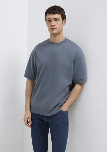  Mavi Bisiklet Yaka Mavi Tişört Loose Fit / Bol Rahat Kesim 0611614-80776