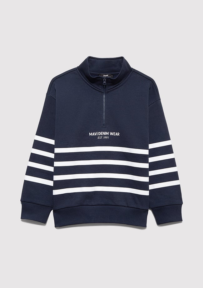  Mavi Yarı Fermuarlı Çizgili Sweatshirt 6S10067-82318