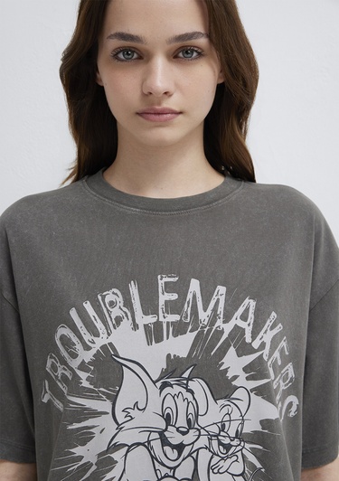  Mavi Tom ve Jerry Baskılı Haki Tişört Loose Fit / Bol Rahat Kesim 1614043-71553