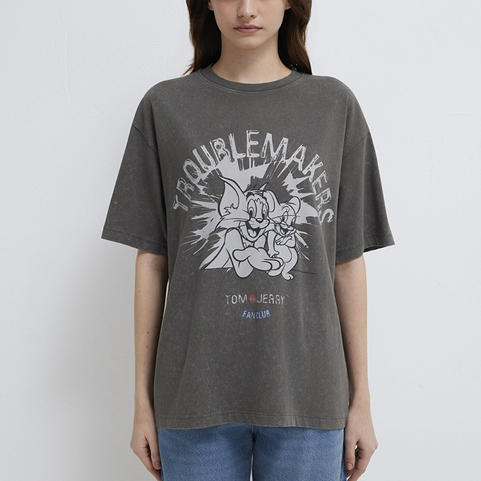 Mavi Tom ve Jerry Baskılı Haki Tişört Loose Fit / Bol Rahat Kesim 1614043-71553