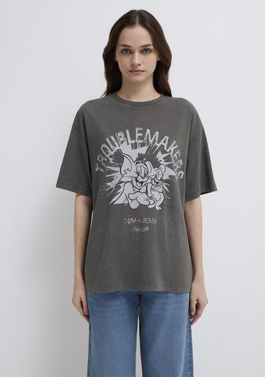  Mavi Tom ve Jerry Baskılı Haki Tişört Loose Fit / Bol Rahat Kesim 1614043-71553