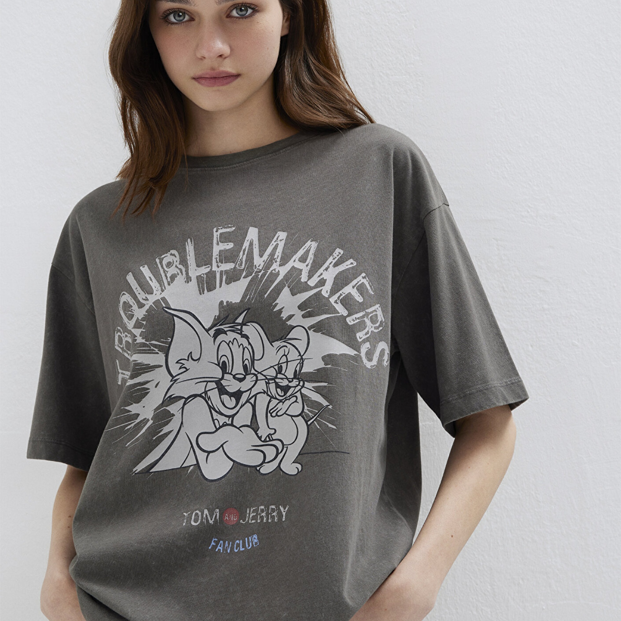 Mavi Tom ve Jerry Baskılı Haki Tişört Loose Fit / Bol Rahat Kesim 1614043-71553