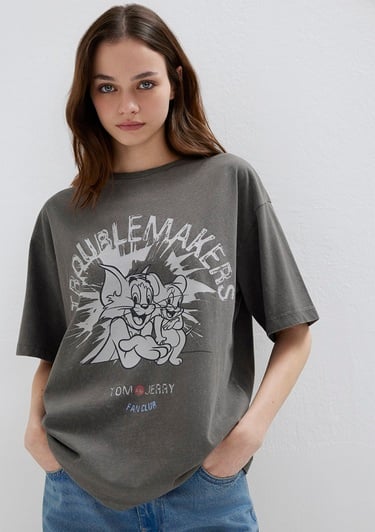  Mavi Tom ve Jerry Baskılı Haki Tişört Loose Fit / Bol Rahat Kesim 1614043-71553