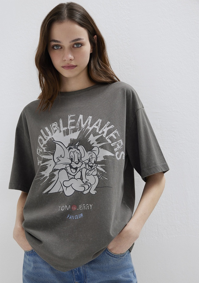  Mavi Tom ve Jerry Baskılı Haki Tişört Loose Fit / Bol Rahat Kesim 1614043-71553