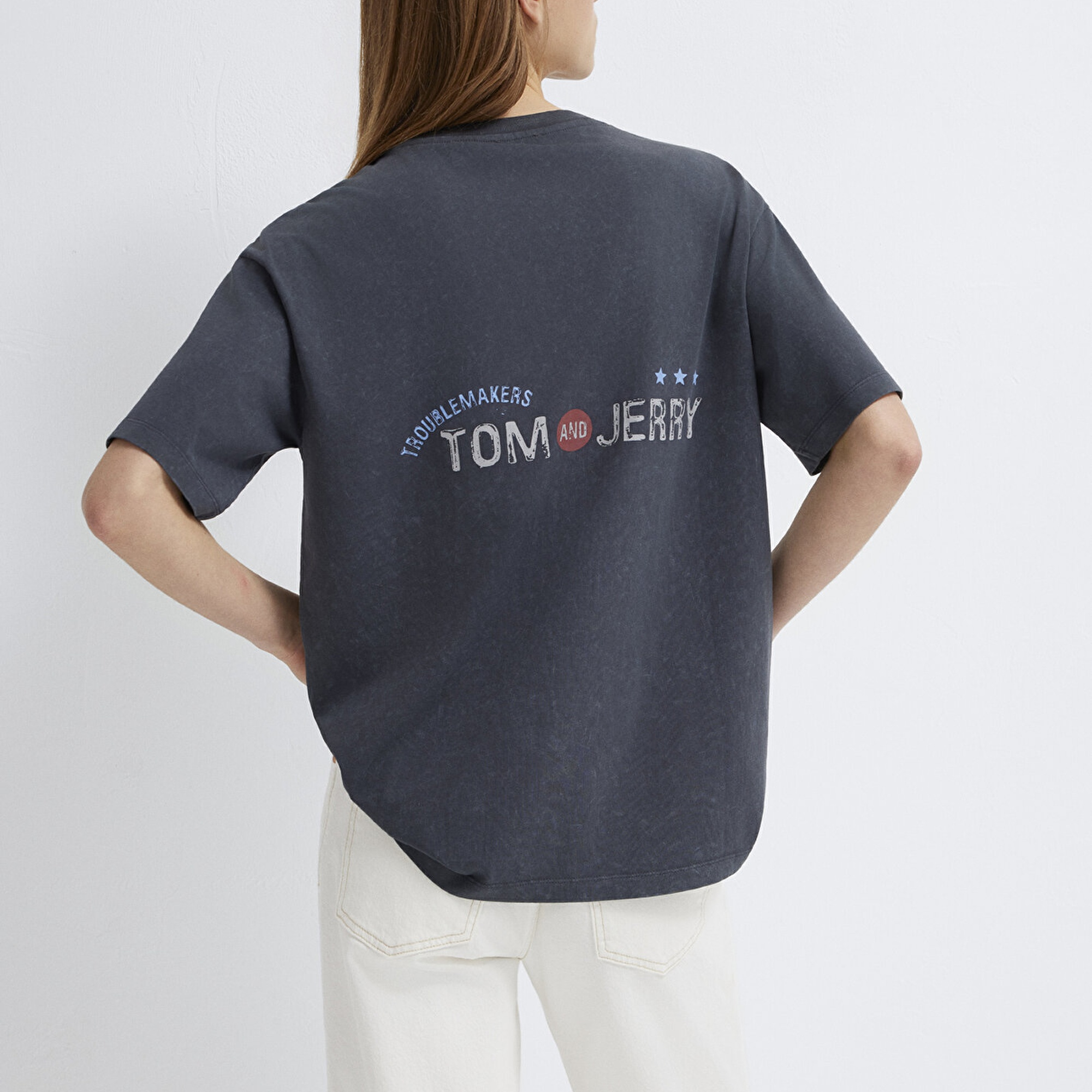 Mavi Tom ve Jerry Baskılı Gri Tişört Loose Fit / Bol Rahat Kesim 1614043-83620