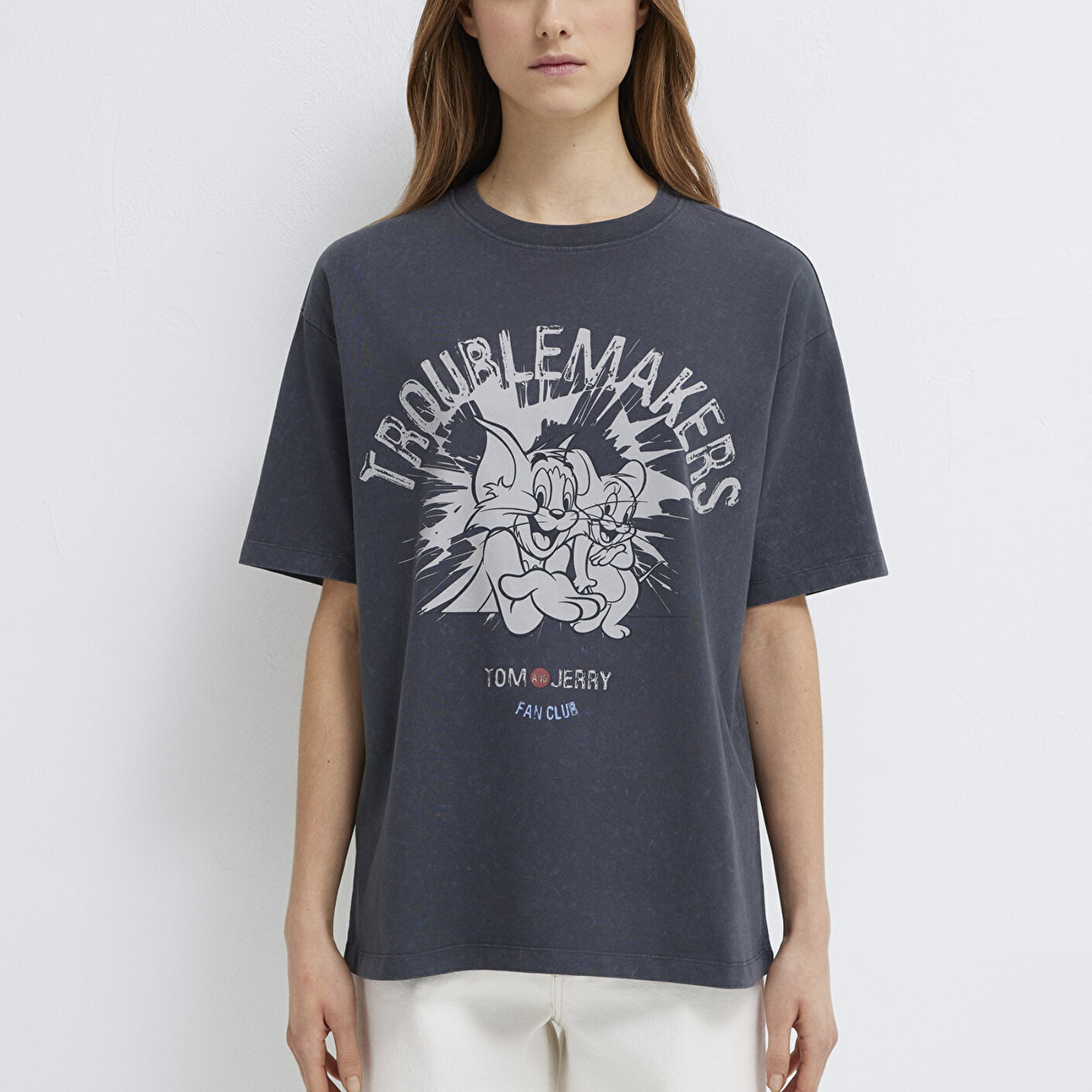 Mavi Tom ve Jerry Baskılı Gri Tişört Loose Fit / Bol Rahat Kesim 1614043-83620
