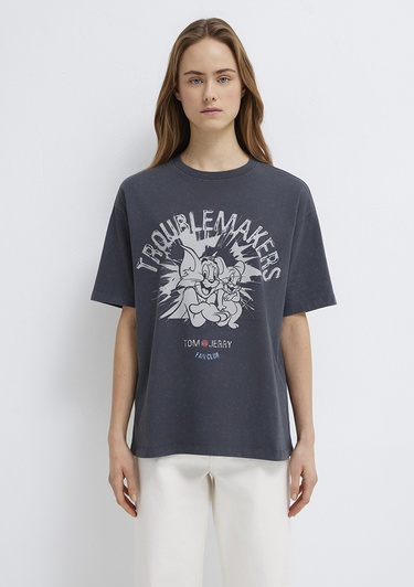  Mavi Tom ve Jerry Baskılı Gri Tişört Loose Fit / Bol Rahat Kesim 1614043-83620