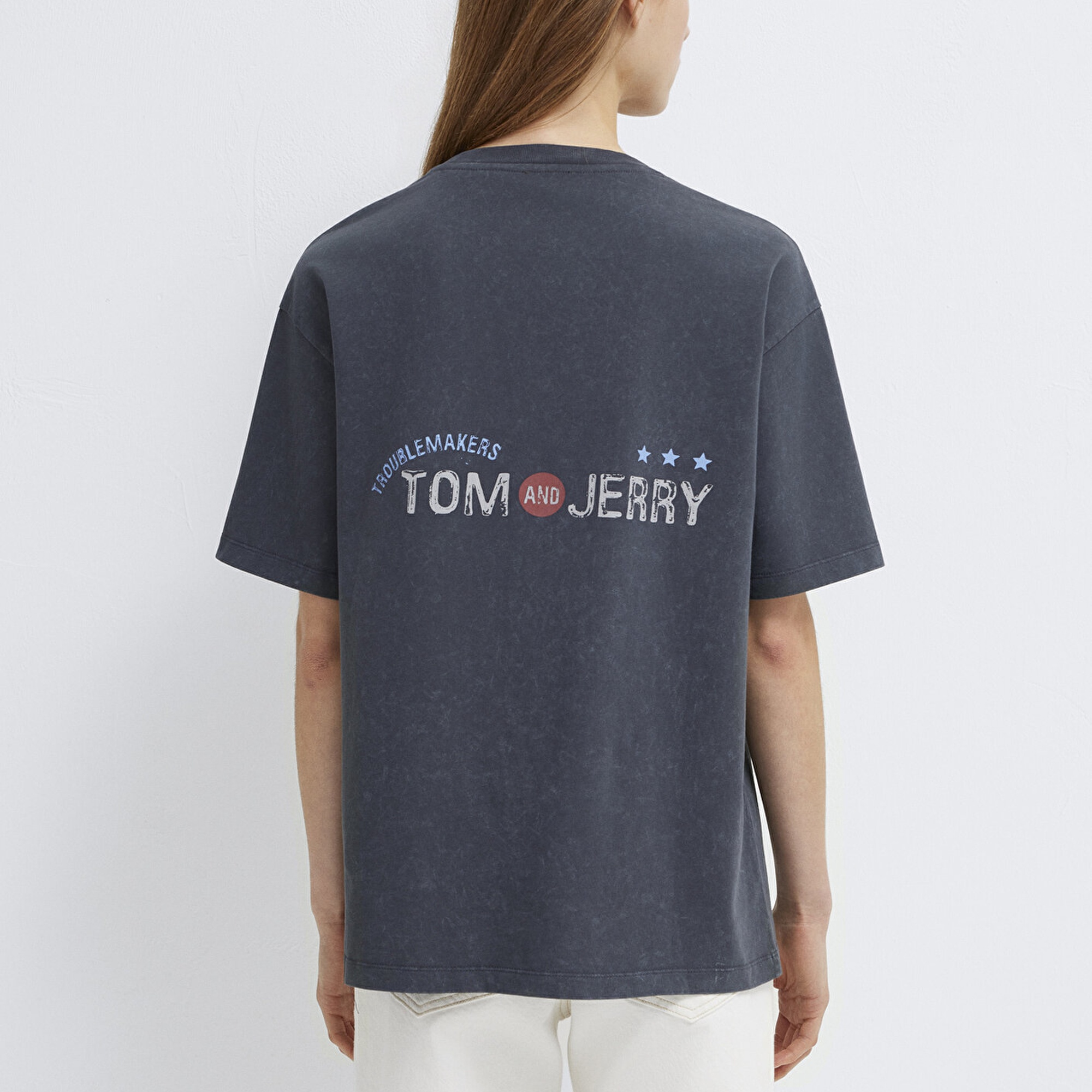 Mavi Tom ve Jerry Baskılı Gri Tişört Loose Fit / Bol Rahat Kesim 1614043-83620