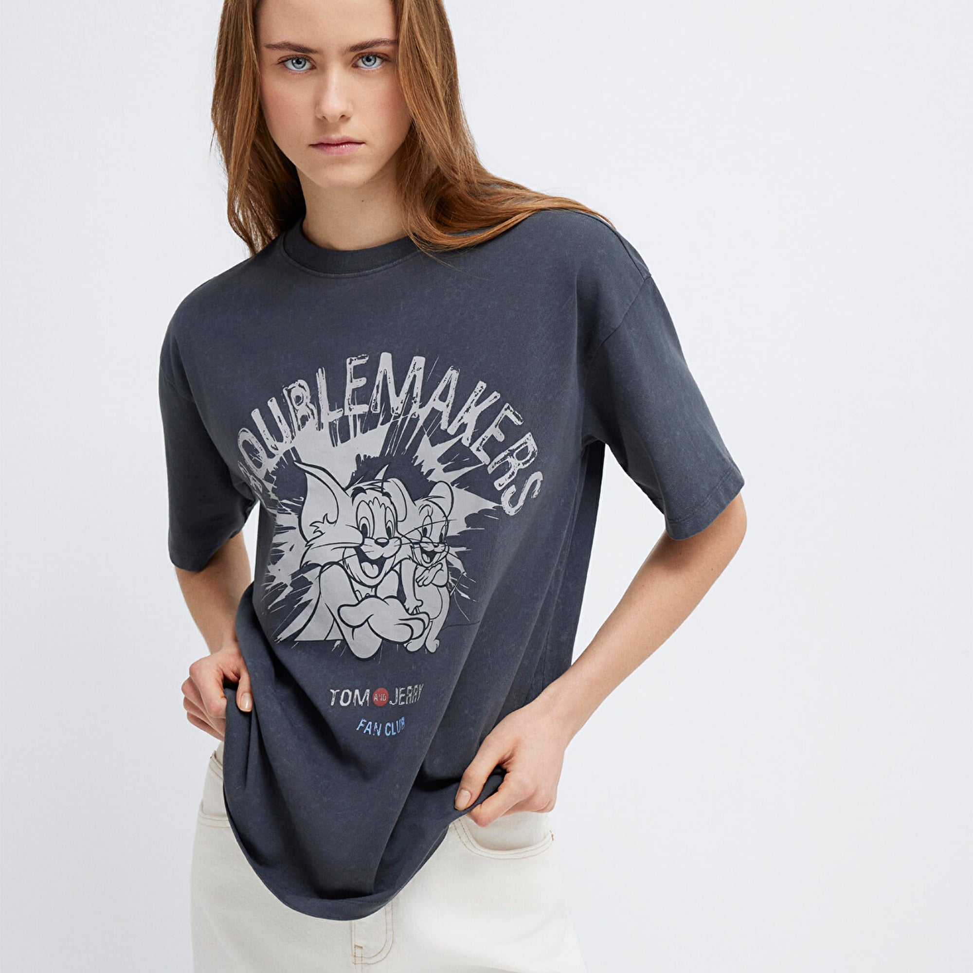 Mavi Tom ve Jerry Baskılı Gri Tişört Loose Fit / Bol Rahat Kesim 1614043-83620