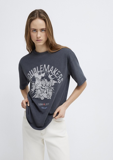  Mavi Tom ve Jerry Baskılı Gri Tişört Loose Fit / Bol Rahat Kesim 1614043-83620