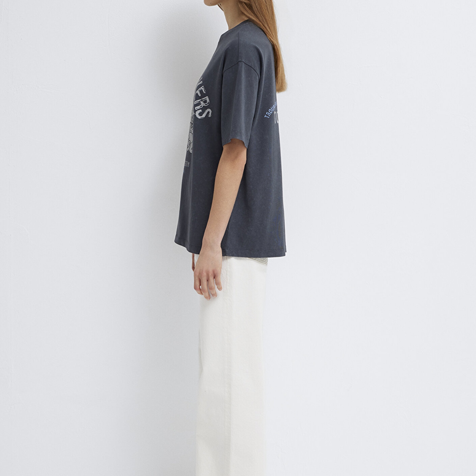 Mavi Tom ve Jerry Baskılı Gri Tişört Loose Fit / Bol Rahat Kesim 1614043-83620