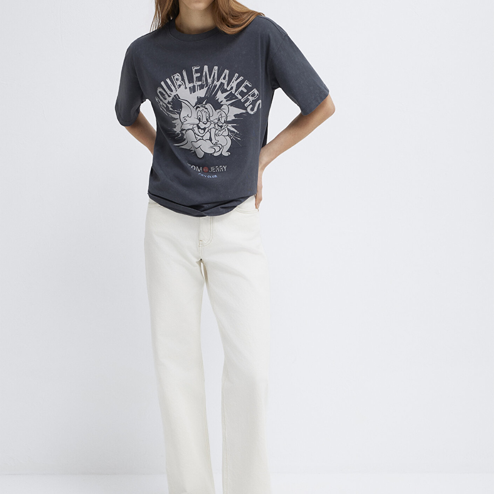 Mavi Tom ve Jerry Baskılı Gri Tişört Loose Fit / Bol Rahat Kesim 1614043-83620