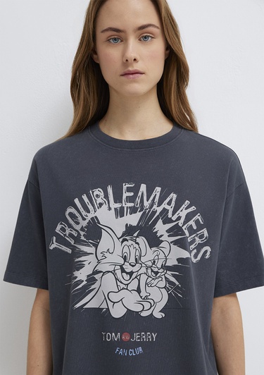  Mavi Tom ve Jerry Baskılı Gri Tişört Loose Fit / Bol Rahat Kesim 1614043-83620