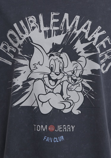  Mavi Tom ve Jerry Baskılı Gri Tişört Loose Fit / Bol Rahat Kesim 1614043-83620