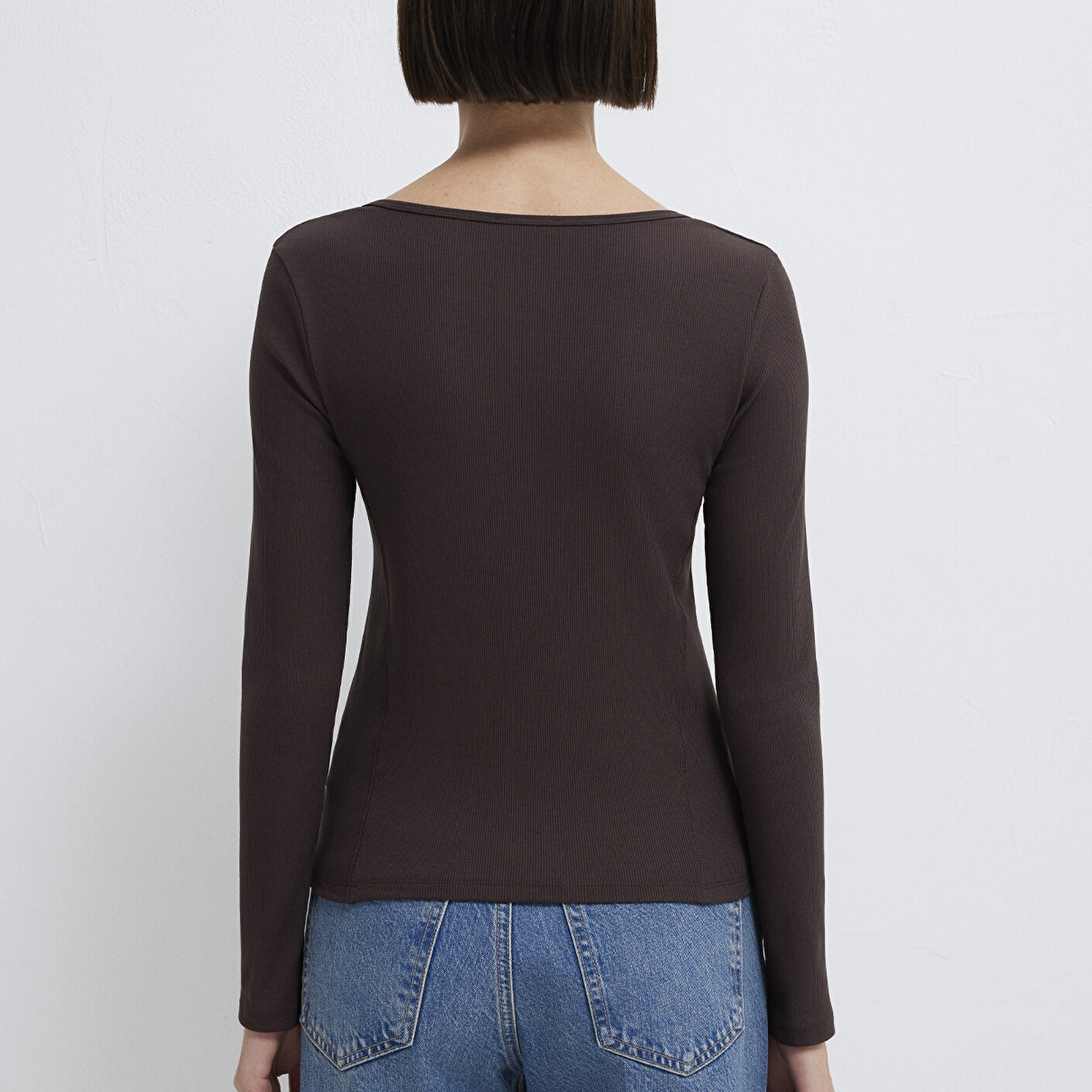 Mavi Uzun Kollu Kahverengi Tişört Fitted / Vücuda Oturan Kesim 1613843-70240