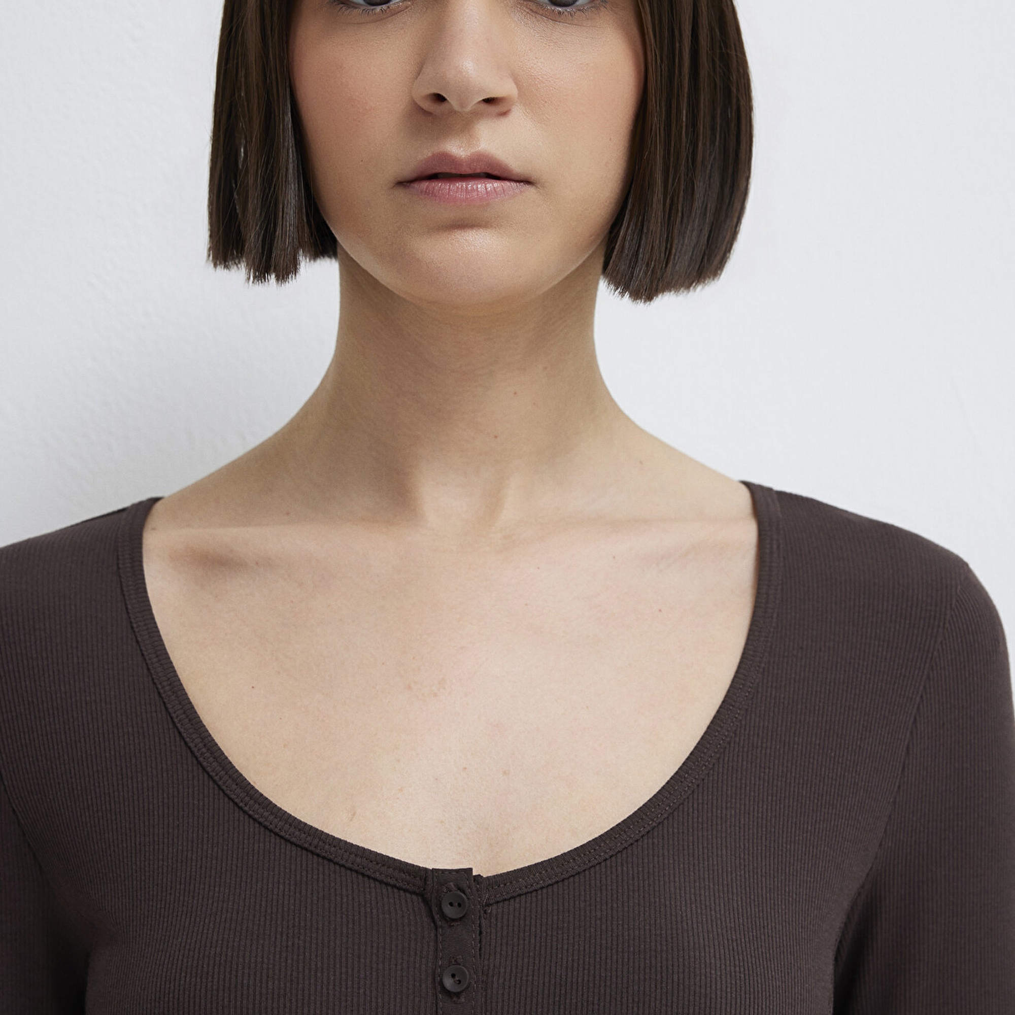 Mavi Uzun Kollu Kahverengi Tişört Fitted / Vücuda Oturan Kesim 1613843-70240