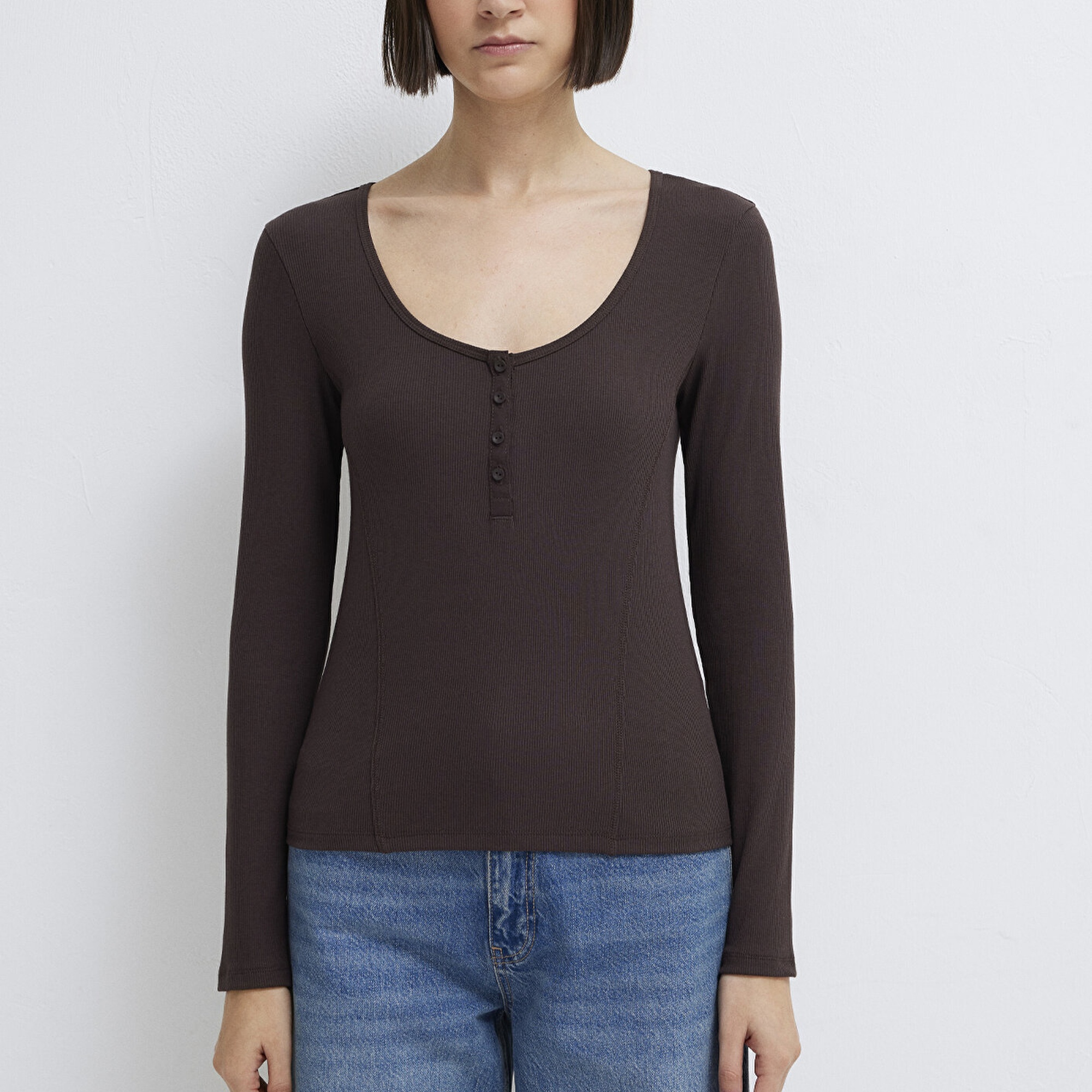 Mavi Uzun Kollu Kahverengi Tişört Fitted / Vücuda Oturan Kesim 1613843-70240