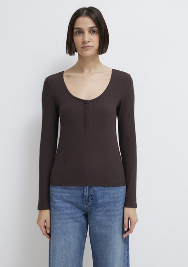  Mavi Uzun Kollu Kahverengi Tişört Fitted / Vücuda Oturan Kesim 1613843-70240