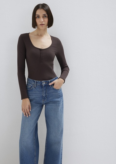  Mavi Uzun Kollu Kahverengi Tişört Fitted / Vücuda Oturan Kesim 1613843-70240