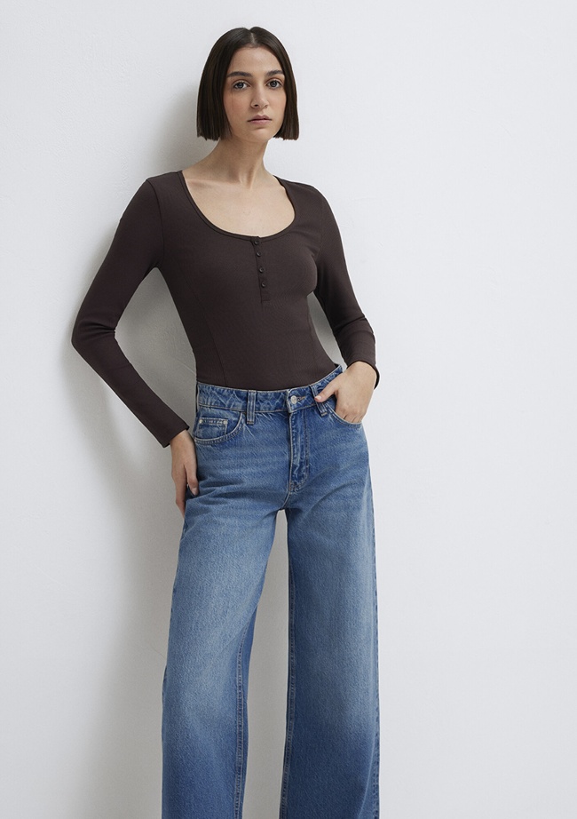  Mavi Uzun Kollu Kahverengi Tişört Fitted / Vücuda Oturan Kesim 1613843-70240