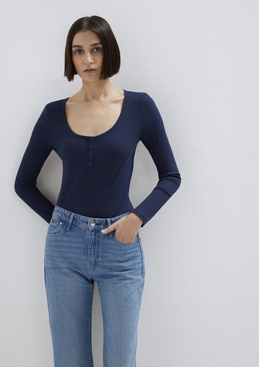  Mavi Uzun Kollu Lacivert Tişört Fitted / Vücuda Oturan Kesim 1613843-70497