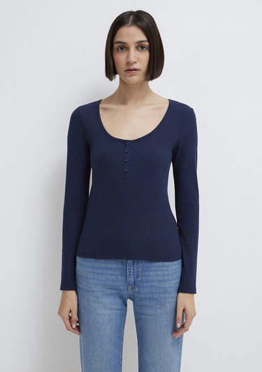  Mavi Uzun Kollu Lacivert Tişört Fitted / Vücuda Oturan Kesim 1613843-70497