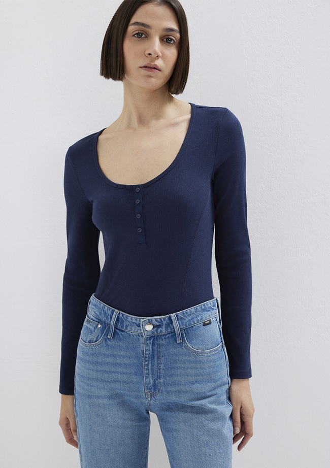  Mavi Uzun Kollu Lacivert Tişört Fitted / Vücuda Oturan Kesim 1613843-70497