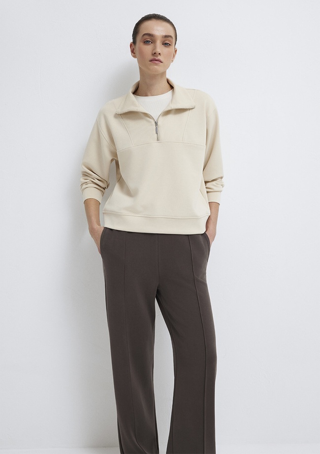  Mavi Yarı Fermuarlı Ekru (TENCEL™) Sweatshirt 1S10488-70005