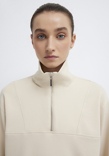  Mavi Yarı Fermuarlı Ekru (TENCEL™) Sweatshirt 1S10488-70005