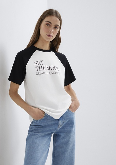  Mavi Baskılı Ekru Tişört Regular Fit / Normal Kesim 1613844-70057