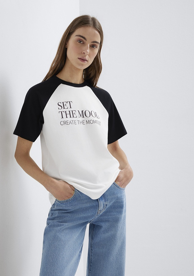  Mavi Baskılı Ekru Tişört Regular Fit / Normal Kesim 1613844-70057