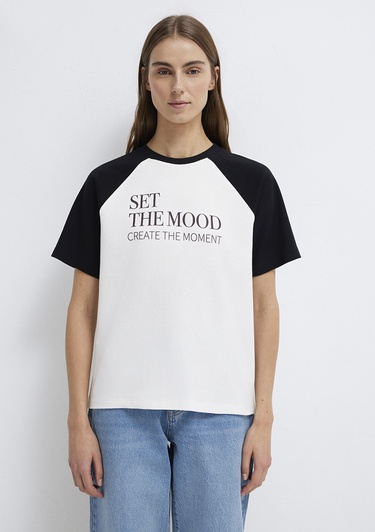  Mavi Baskılı Ekru Tişört Regular Fit / Normal Kesim 1613844-70057