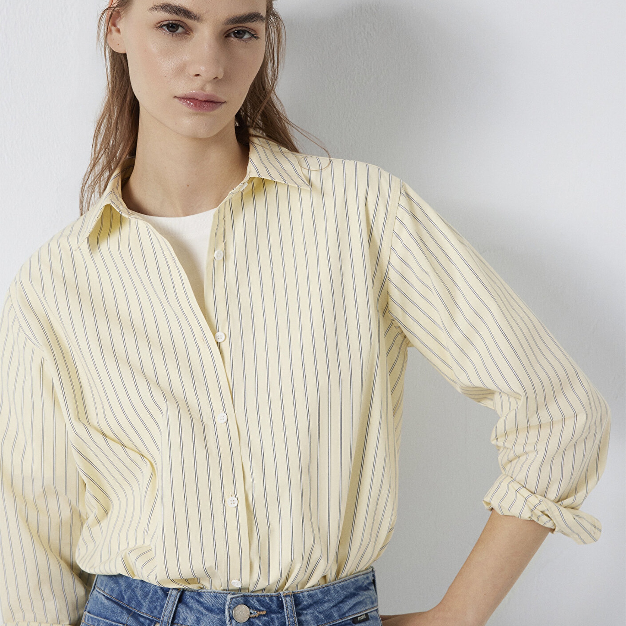 Mavi Çizgili Sarı Gömlek Loose Fit / Bol Rahat Kesim 1211502-91376