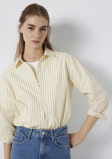  Mavi Çizgili Sarı Gömlek Loose Fit / Bol Rahat Kesim 1211502-91376