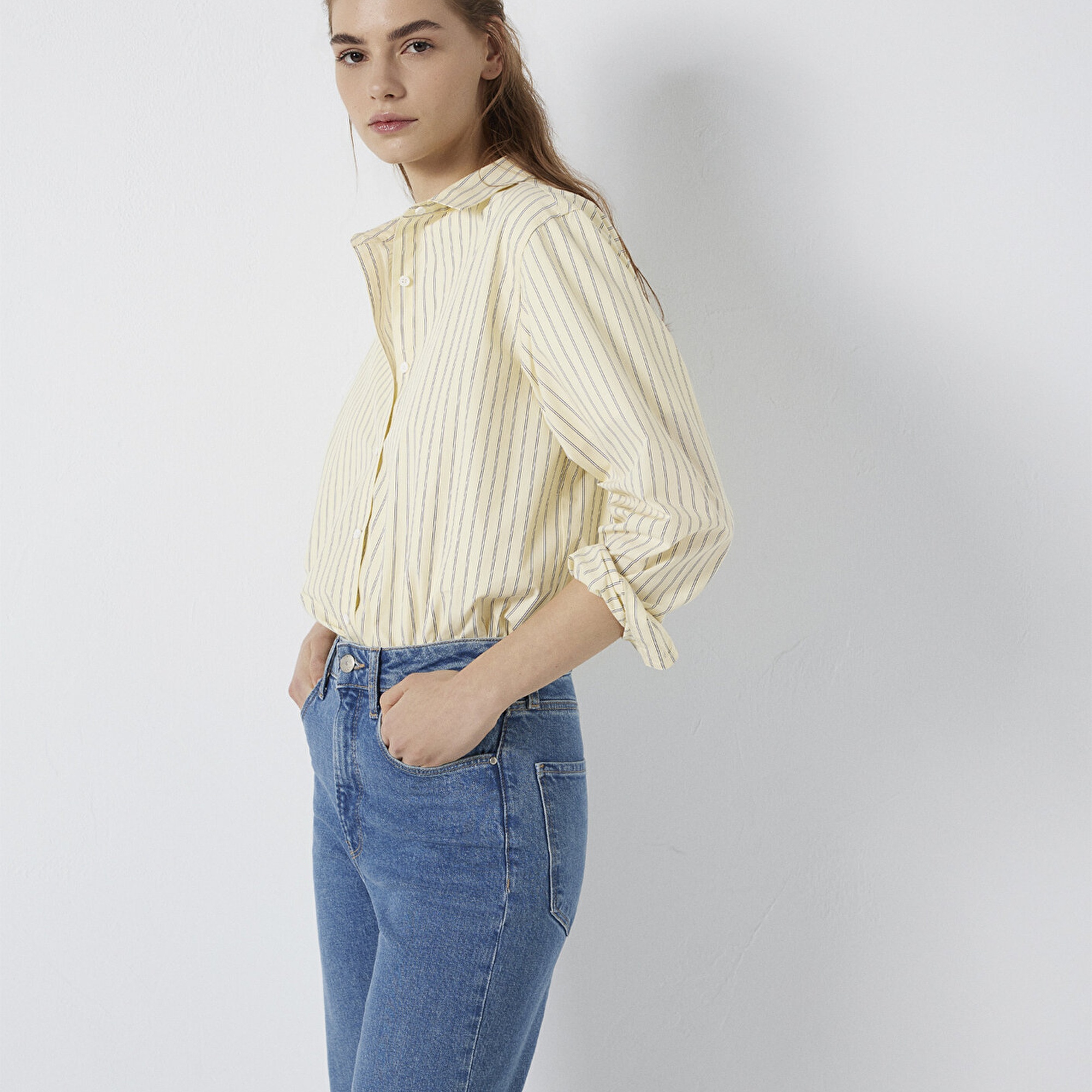 Mavi Çizgili Sarı Gömlek Loose Fit / Bol Rahat Kesim 1211502-91376