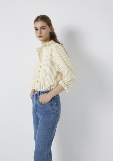  Mavi Çizgili Sarı Gömlek Loose Fit / Bol Rahat Kesim 1211502-91376