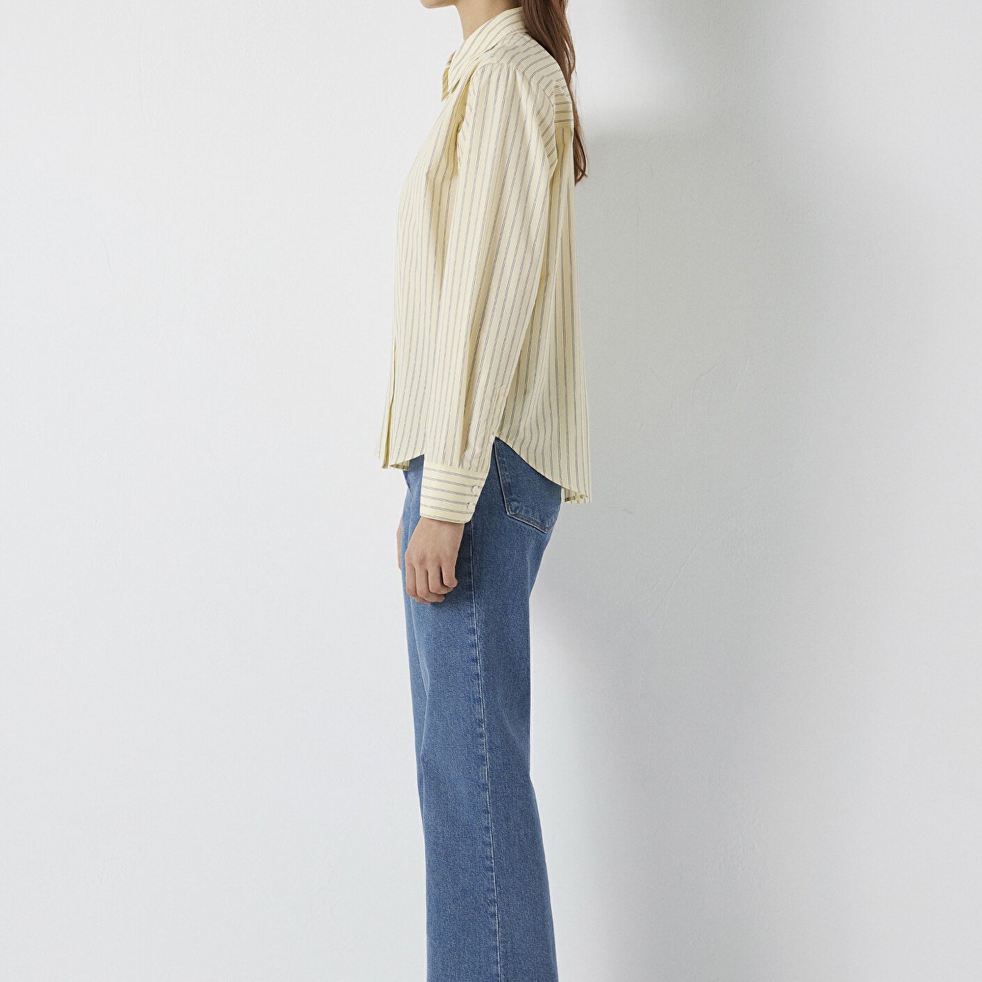 Mavi Çizgili Sarı Gömlek Loose Fit / Bol Rahat Kesim 1211502-91376