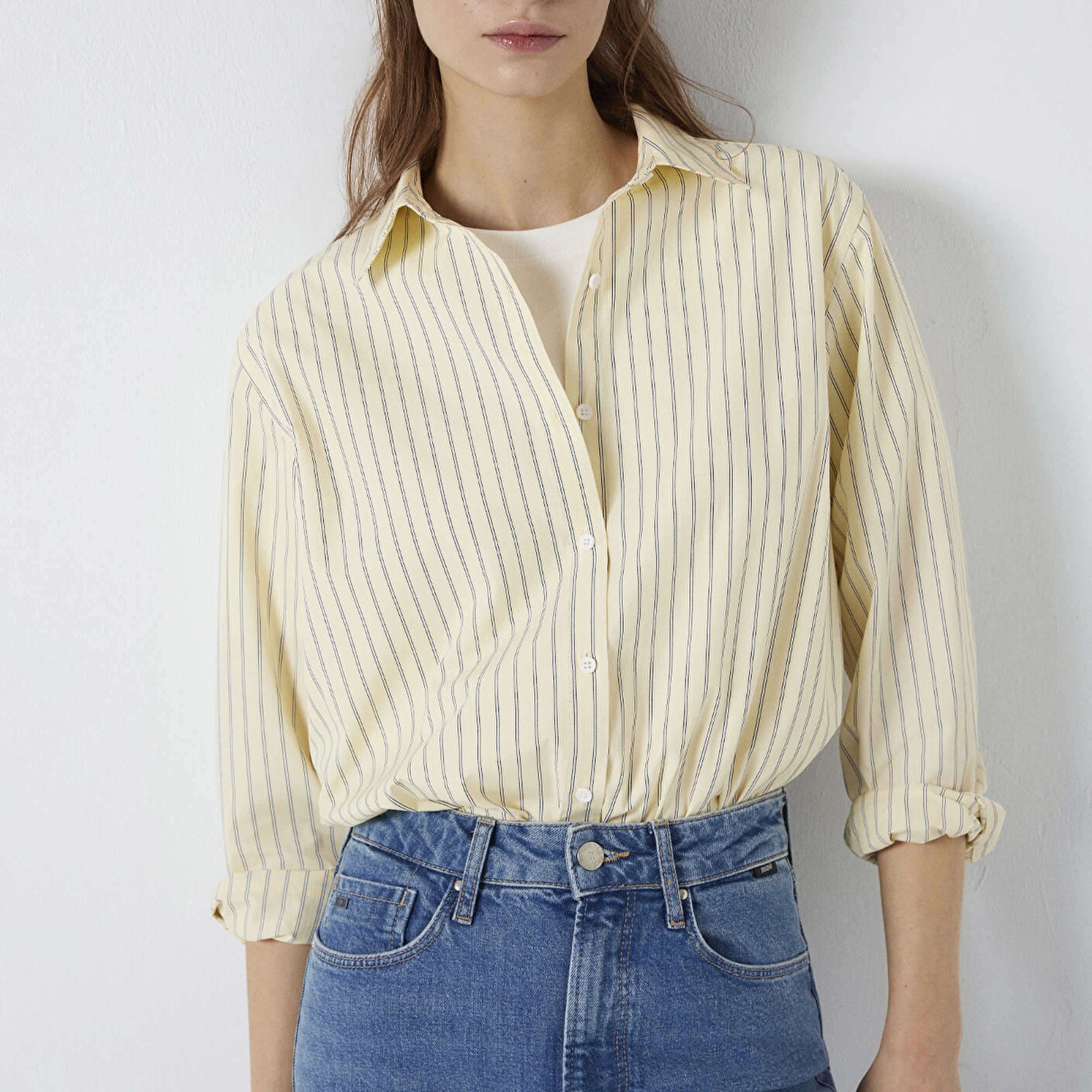 Mavi Çizgili Sarı Gömlek Loose Fit / Bol Rahat Kesim 1211502-91376