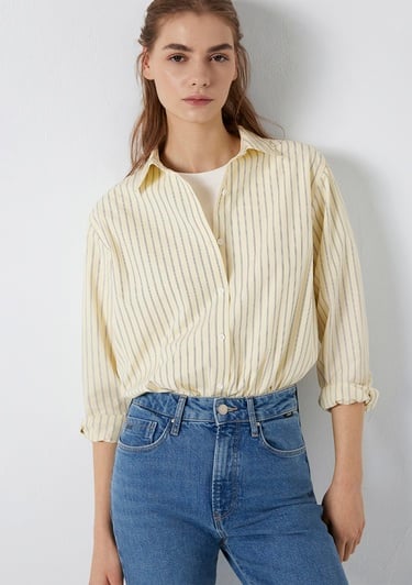  Mavi Çizgili Sarı Gömlek Loose Fit / Bol Rahat Kesim 1211502-91376